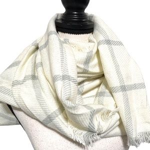 Accessory Depot Window Pane Plaid Blanket Scarf Cream/Gray 54”x54” Fringe Soft